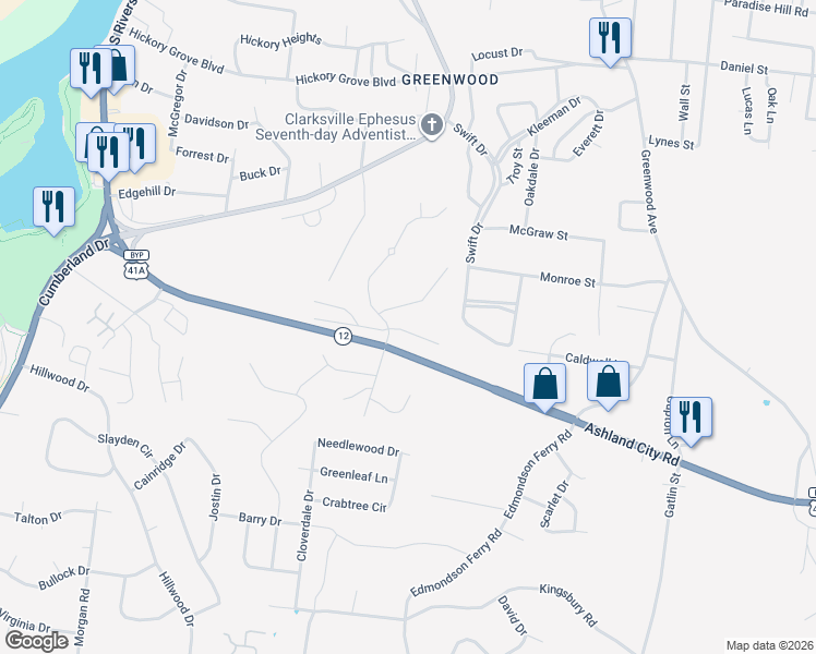 map of restaurants, bars, coffee shops, grocery stores, and more near 1016 Swift Drive in Clarksville