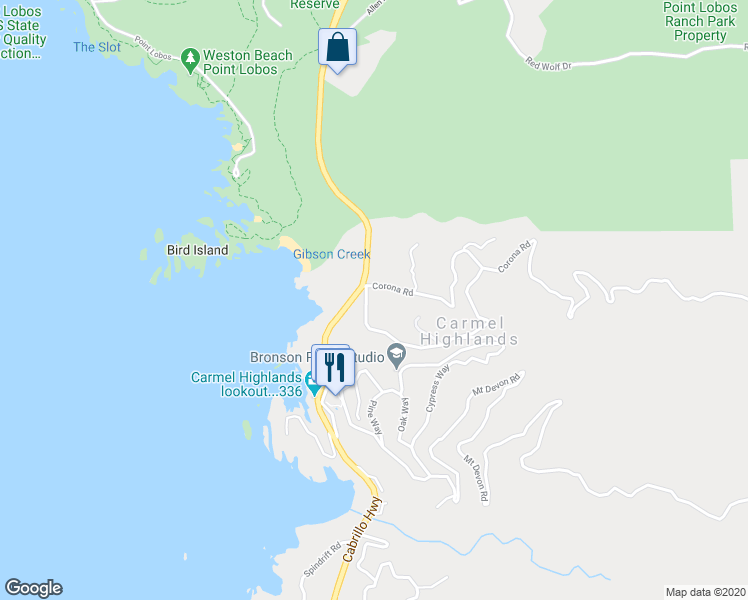 map of restaurants, bars, coffee shops, grocery stores, and more near 102 Corona Road in Carmel-by-the-Sea