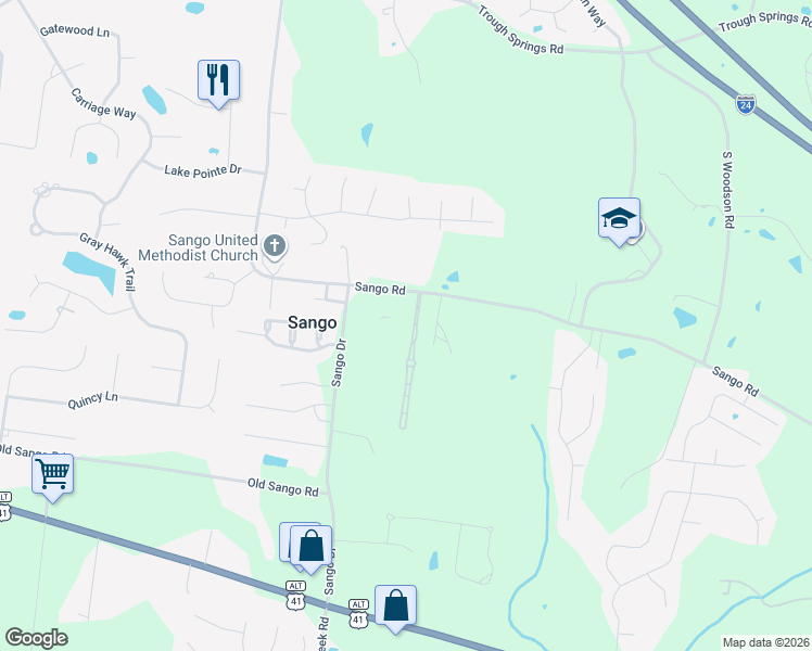 map of restaurants, bars, coffee shops, grocery stores, and more near 3400 Sango Road in Clarksville
