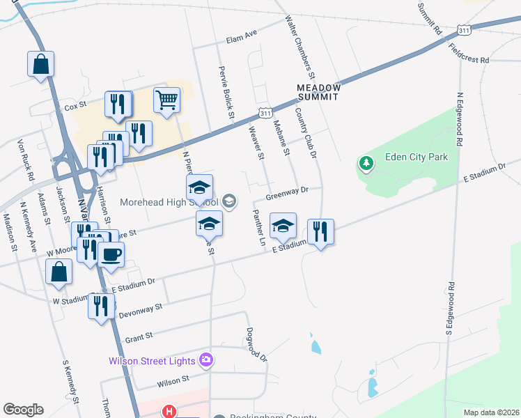 map of restaurants, bars, coffee shops, grocery stores, and more near 402 Greenway Drive in Eden
