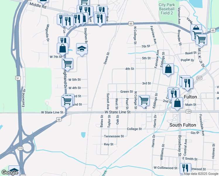 map of restaurants, bars, coffee shops, grocery stores, and more near 601-603 3rd Street in Fulton