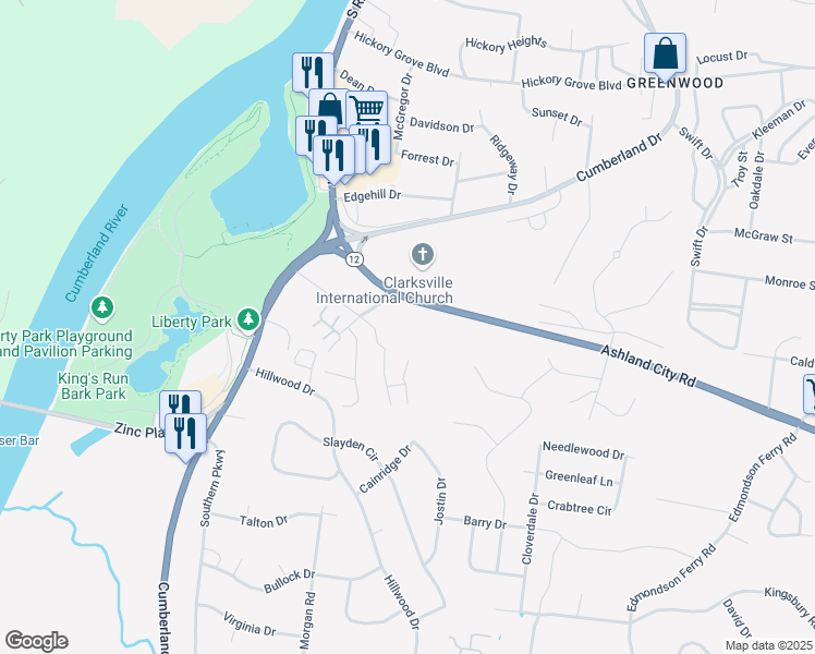 map of restaurants, bars, coffee shops, grocery stores, and more near 1102-1196 Ashland City Rd in Clarksville