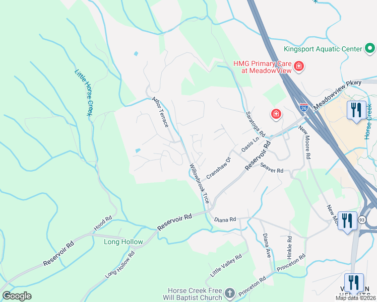 map of restaurants, bars, coffee shops, grocery stores, and more near 222 Willowbend Court in Kingsport