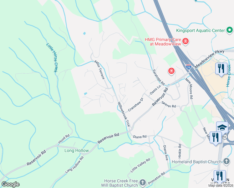 map of restaurants, bars, coffee shops, grocery stores, and more near 222 Willowbend Court in Kingsport