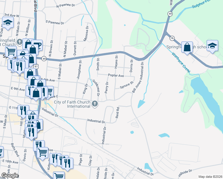 map of restaurants, bars, coffee shops, grocery stores, and more near 801 Hayes Street in Springfield