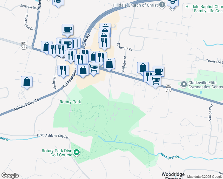 map of restaurants, bars, coffee shops, grocery stores, and more near 131 Country Lane in Clarksville