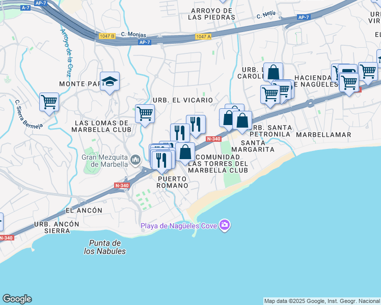 map of restaurants, bars, coffee shops, grocery stores, and more near 1 Avenida Bulevar Príncipe Alfonso de Hohenlohe in Marbella