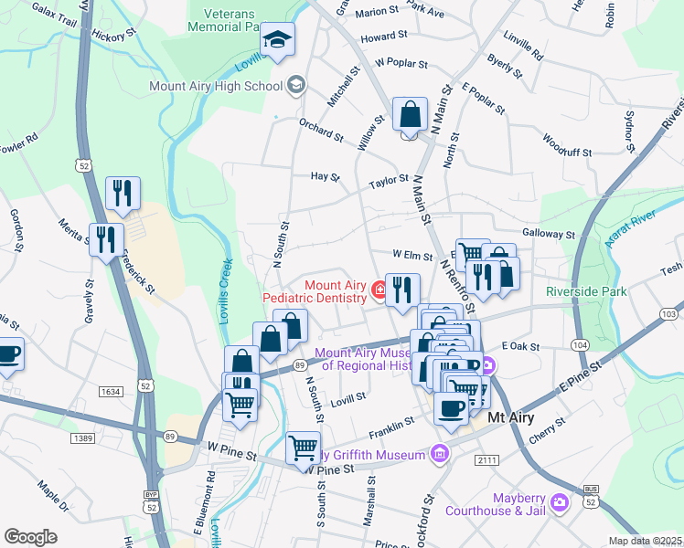 map of restaurants, bars, coffee shops, grocery stores, and more near 644 Maple Street in Mount Airy