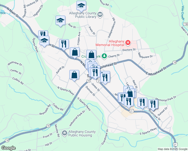 map of restaurants, bars, coffee shops, grocery stores, and more near North Main Street & West Whitehead Street in Sparta