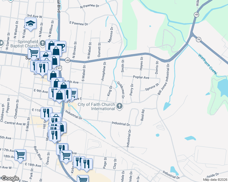 map of restaurants, bars, coffee shops, grocery stores, and more near 801 East 8th Avenue in Springfield