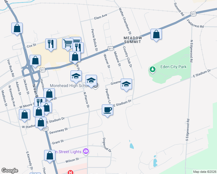 map of restaurants, bars, coffee shops, grocery stores, and more near 402 Greenway Drive in Eden