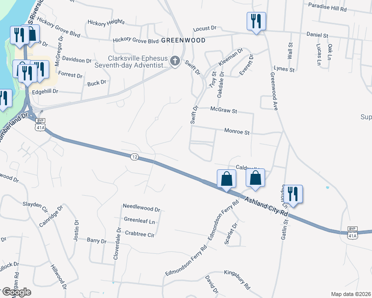map of restaurants, bars, coffee shops, grocery stores, and more near 1016 Swift Drive in Clarksville