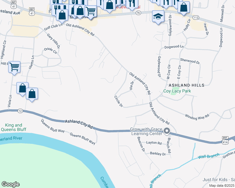 map of restaurants, bars, coffee shops, grocery stores, and more near 421 Circle Drive in Clarksville