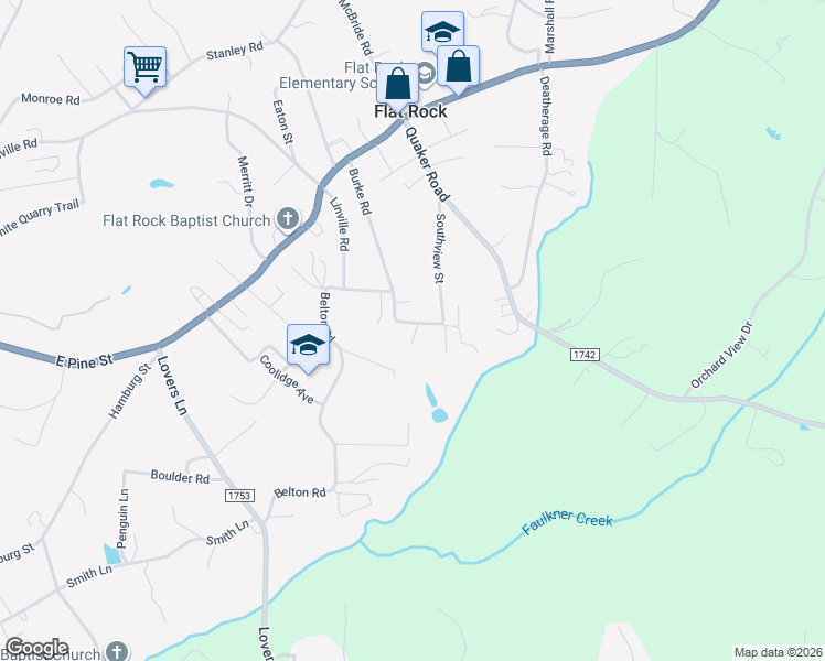 map of restaurants, bars, coffee shops, grocery stores, and more near 110 Bradys Home Lane in Mount Airy