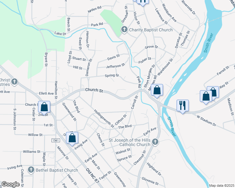 map of restaurants, bars, coffee shops, grocery stores, and more near 607 Church Street in Eden