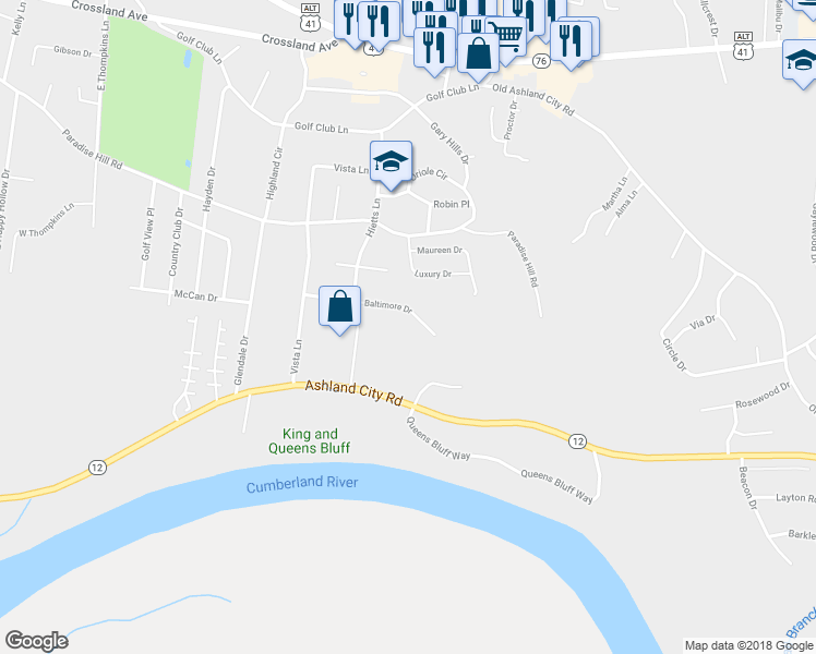 map of restaurants, bars, coffee shops, grocery stores, and more near 1710 Baltimore Drive in Clarksville