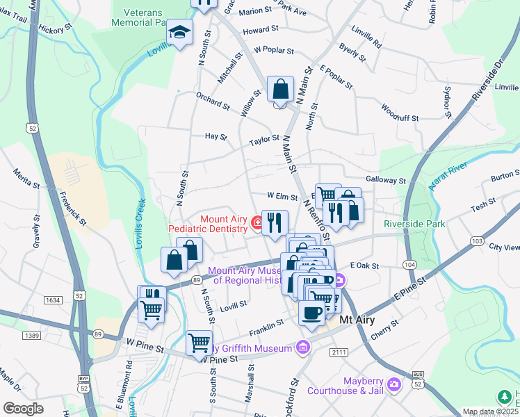 map of restaurants, bars, coffee shops, grocery stores, and more near 634 Willow Street in Mount Airy