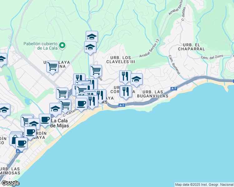 map of restaurants, bars, coffee shops, grocery stores, and more near 39 Urbanización los Claveles 1y2 in Las Lagunas de Mijas