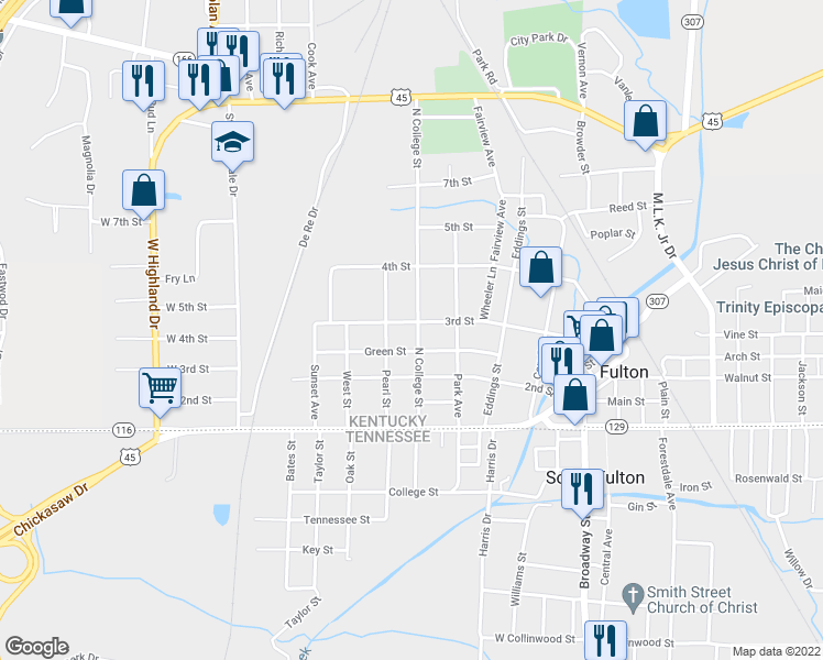 map of restaurants, bars, coffee shops, grocery stores, and more near 401 3rd Street in Fulton