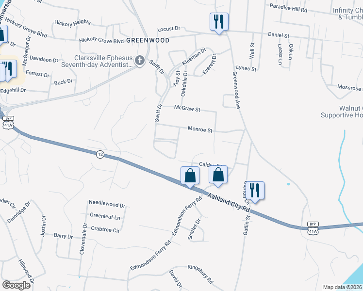 map of restaurants, bars, coffee shops, grocery stores, and more near 1013 Ridgecrest Drive in Clarksville