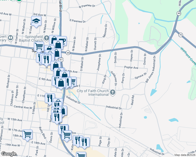 map of restaurants, bars, coffee shops, grocery stores, and more near 804 Josephine Street in Springfield