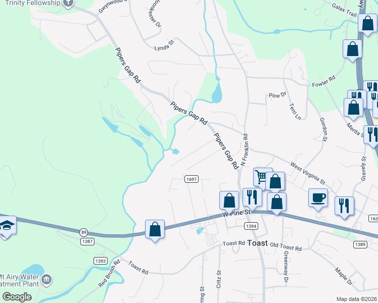map of restaurants, bars, coffee shops, grocery stores, and more near 174 Booker Street in Mount Airy