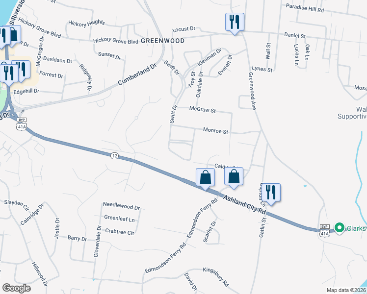 map of restaurants, bars, coffee shops, grocery stores, and more near 714 Woodlawn Drive in Clarksville