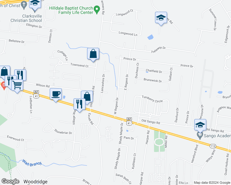 map of restaurants, bars, coffee shops, grocery stores, and more near 148 West Regent Drive in Clarksville