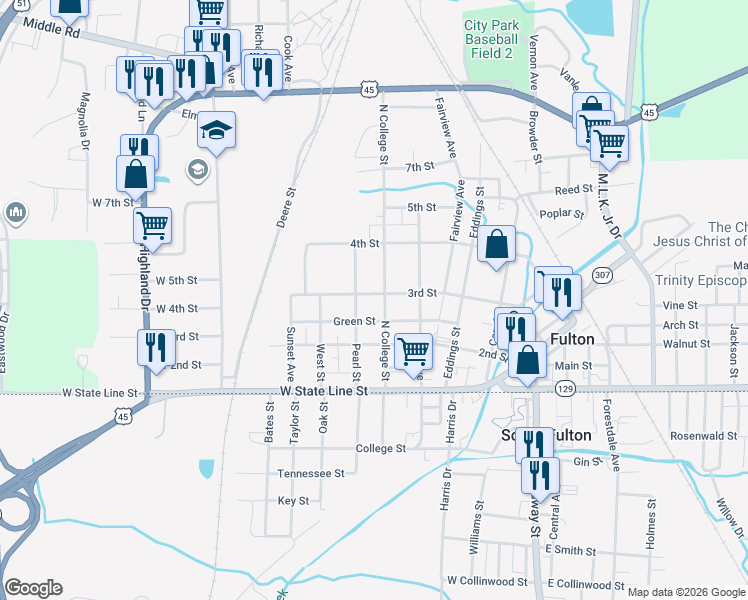 map of restaurants, bars, coffee shops, grocery stores, and more near 401 3rd Street in Fulton