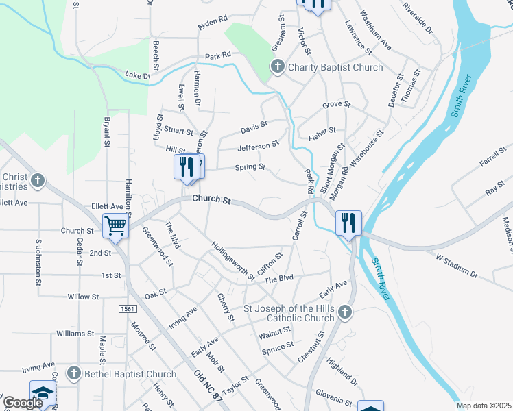 map of restaurants, bars, coffee shops, grocery stores, and more near 607 Church Street in Eden