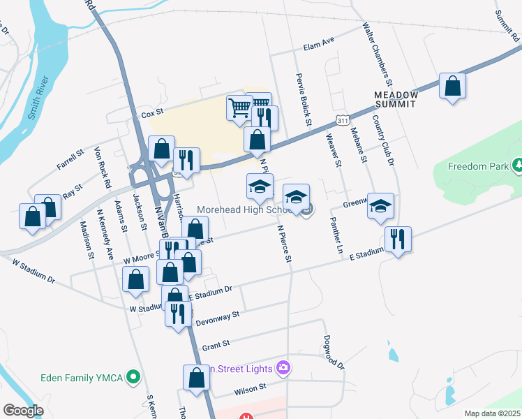 map of restaurants, bars, coffee shops, grocery stores, and more near 211 North Pierce Street in Eden