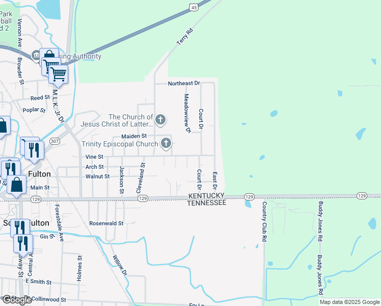 map of restaurants, bars, coffee shops, grocery stores, and more near 1300 Vine Street in Fulton