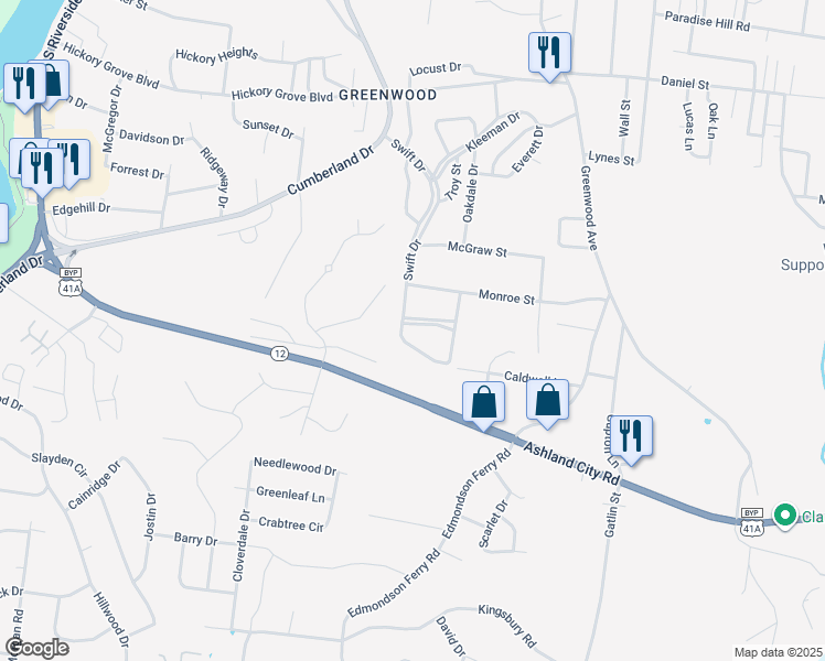 map of restaurants, bars, coffee shops, grocery stores, and more near 1016 Swift Drive in Clarksville