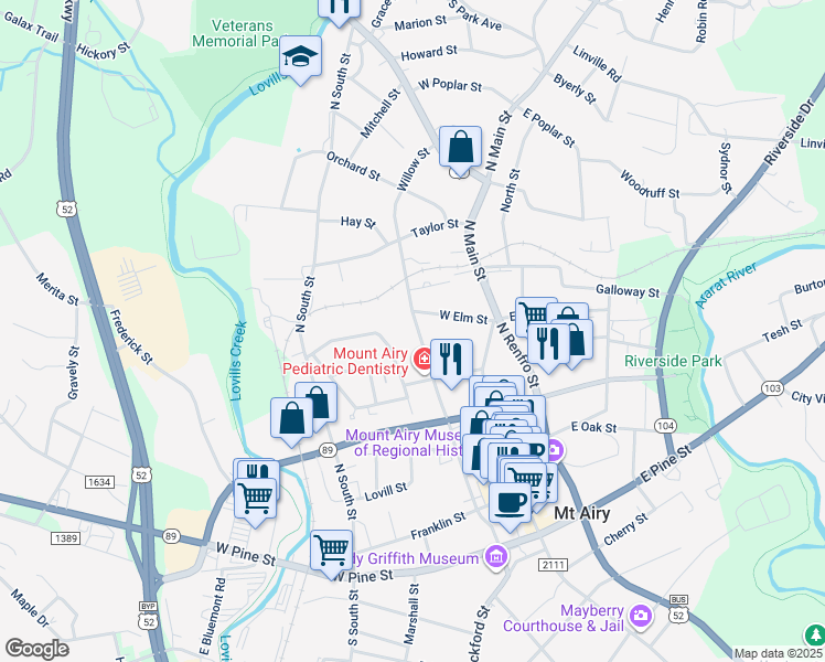 map of restaurants, bars, coffee shops, grocery stores, and more near 643 Willow Street in Mount Airy
