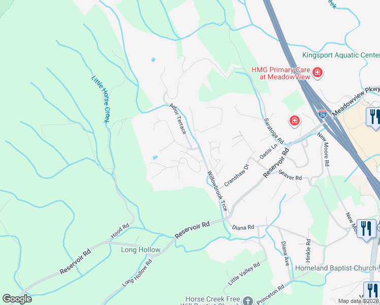 map of restaurants, bars, coffee shops, grocery stores, and more near 118 Willowbrook Drive in Kingsport