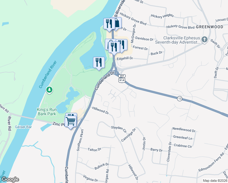 map of restaurants, bars, coffee shops, grocery stores, and more near 1200 Riverwood Place in Clarksville