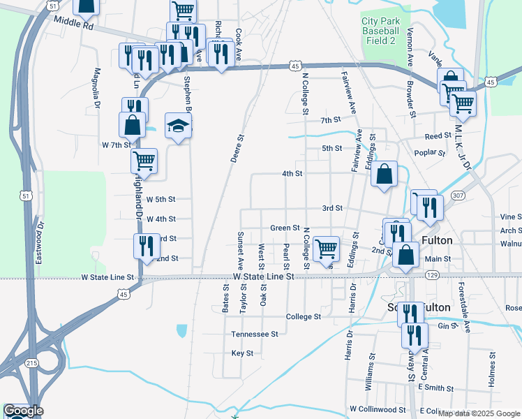 map of restaurants, bars, coffee shops, grocery stores, and more near 601 3rd Street in Fulton