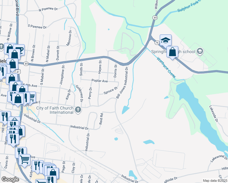 map of restaurants, bars, coffee shops, grocery stores, and more near 915 Spruce Street in Springfield