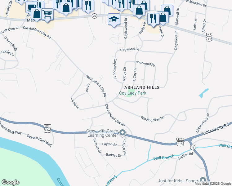 map of restaurants, bars, coffee shops, grocery stores, and more near 114 Canterbury Road in Clarksville
