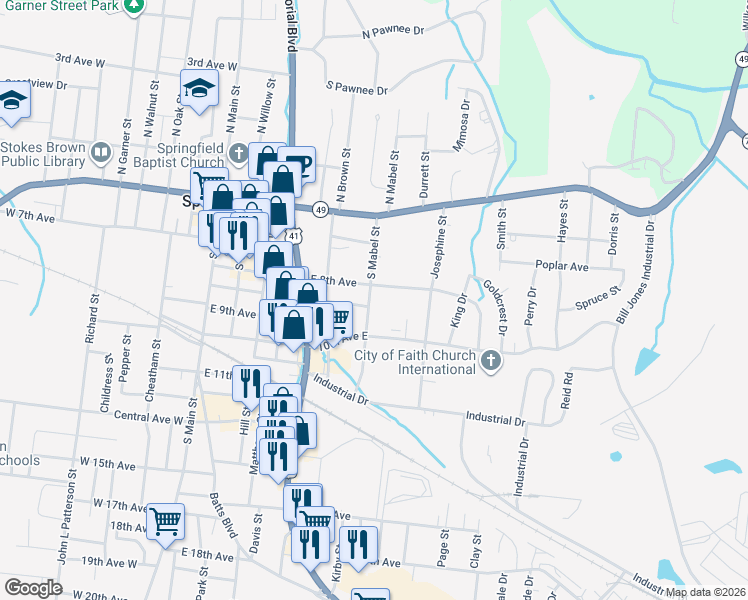 map of restaurants, bars, coffee shops, grocery stores, and more near 808 South Mabel Street in Springfield