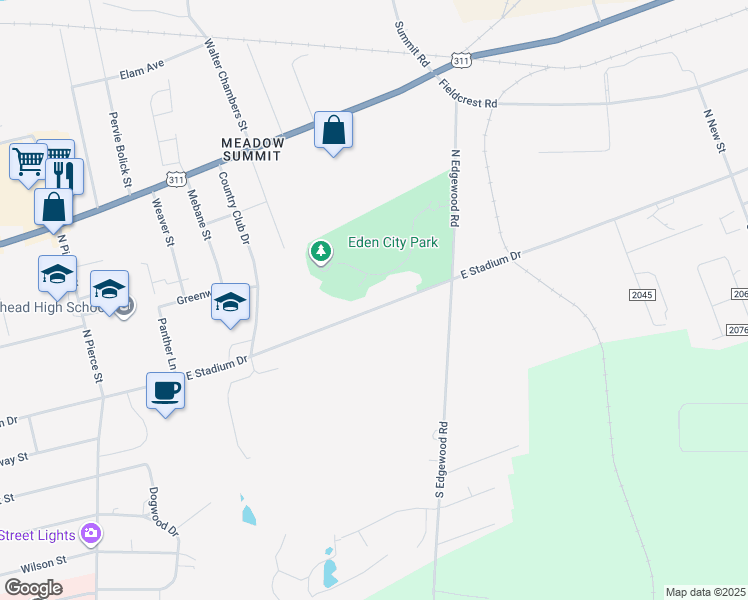 map of restaurants, bars, coffee shops, grocery stores, and more near 609 East Stadium Drive in Eden