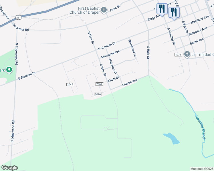 map of restaurants, bars, coffee shops, grocery stores, and more near 305 South New Street in Eden