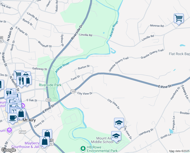 map of restaurants, bars, coffee shops, grocery stores, and more near 702 East Pine Street in Mount Airy