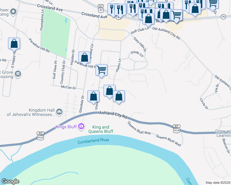 map of restaurants, bars, coffee shops, grocery stores, and more near 631 Horace Crow Drive in Clarksville