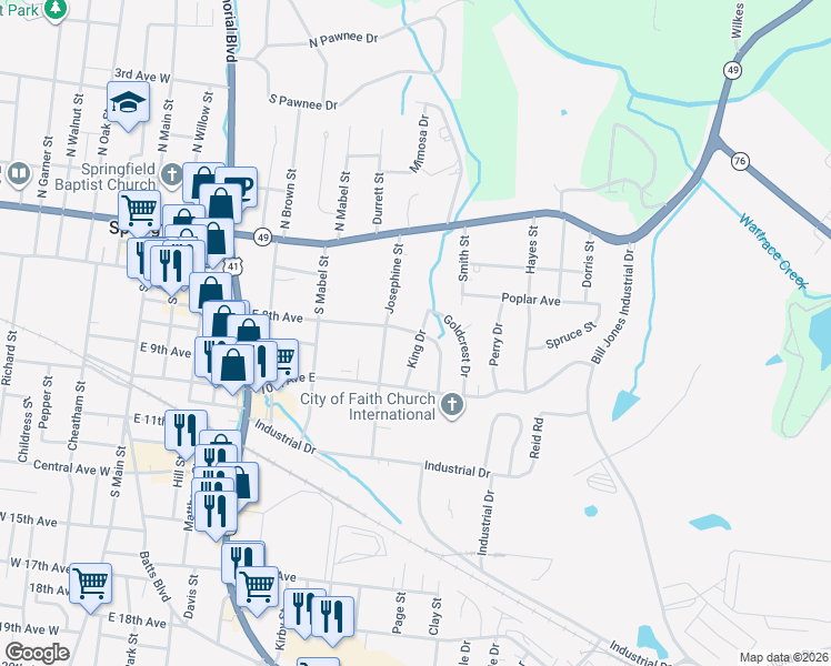 map of restaurants, bars, coffee shops, grocery stores, and more near 804 Josephine Street in Springfield
