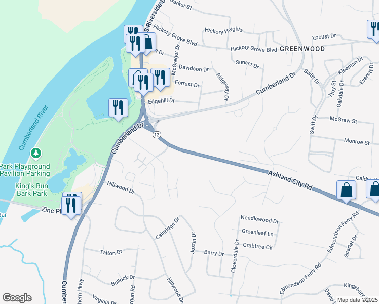 map of restaurants, bars, coffee shops, grocery stores, and more near 1198 Ashland City Road in Clarksville