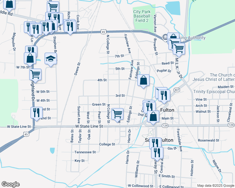 map of restaurants, bars, coffee shops, grocery stores, and more near 300-398 Park Avenue in Fulton
