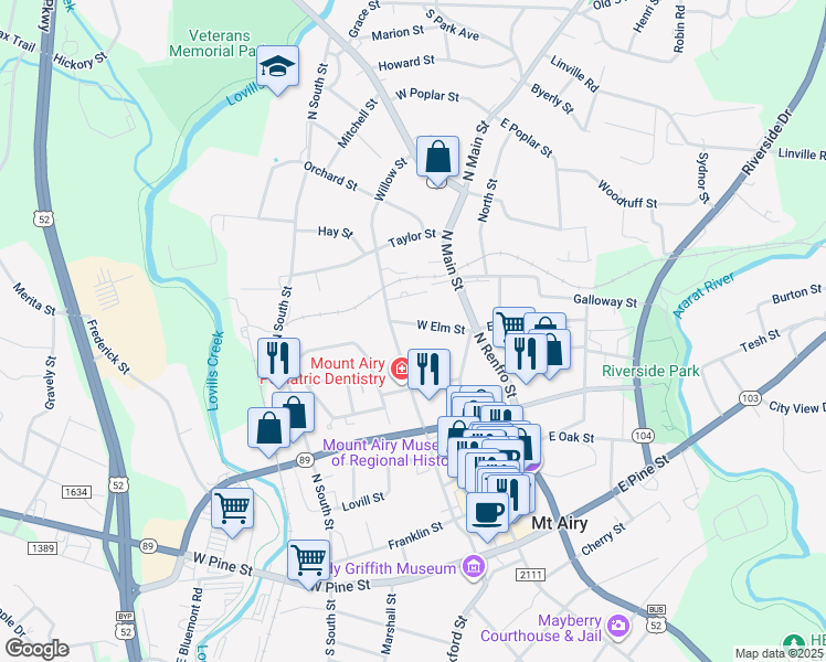 map of restaurants, bars, coffee shops, grocery stores, and more near 634 Willow Street in Mount Airy