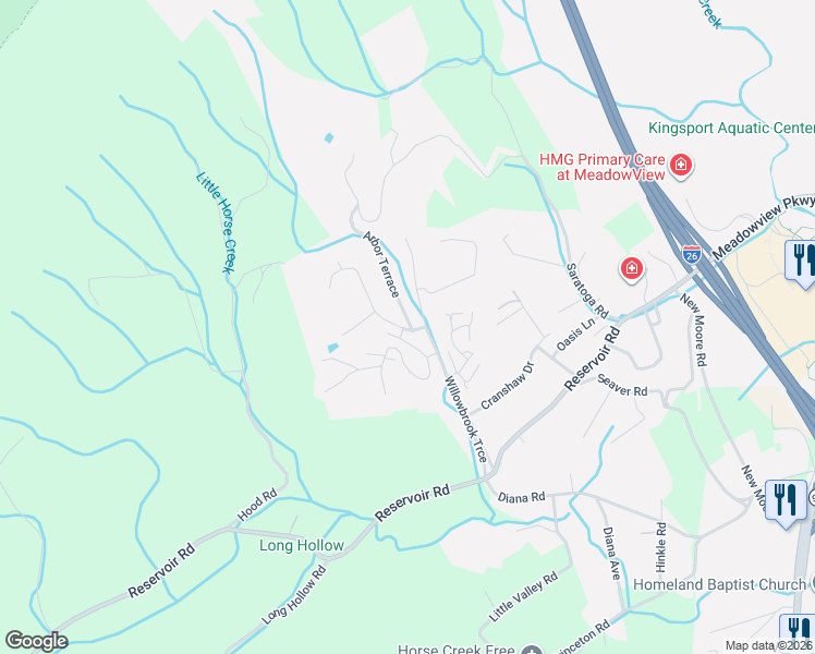 map of restaurants, bars, coffee shops, grocery stores, and more near 118 Willowbrook Drive in Kingsport