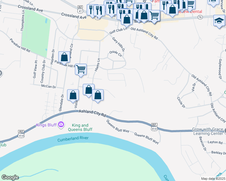 map of restaurants, bars, coffee shops, grocery stores, and more near 1741 Baltimore Drive in Clarksville
